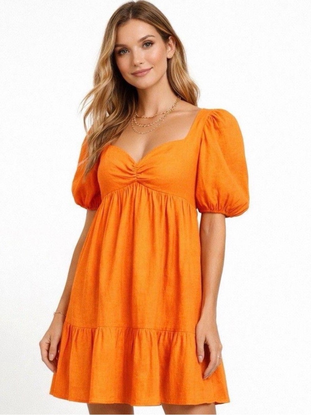 Gianni Bini Linen Orange Puff Sleeve Mini Dress Summer Dress